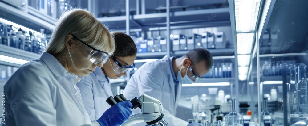 Poster researchers conducting experiments in a science lab generative ai