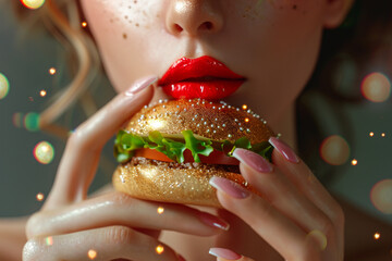 woman with red lipstick eat burger with, close up 