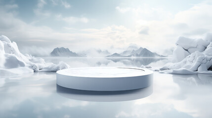 Product presentation podium with a stone plinth in the middle Ground ice and views of the snow mountains.  - obrazy, fototapety, plakaty