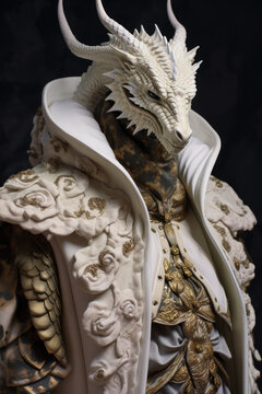Photorealistic dragon in avantgarde outfit 
