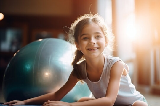 Happy girl stretches her body on a fit ball in the gym, gymnastics and Pilates for children 
