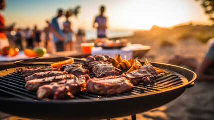 Barbecue party with people in the background, beach party, sea, grilled steak, grilled meat and vegetables, summer party, barbecue at the beach, people having fun, family and friends, bbq - obrazy, fototapety, plakaty