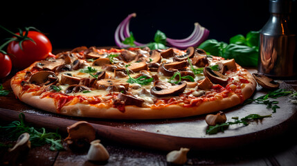 pizza on a table, mushroom pizza