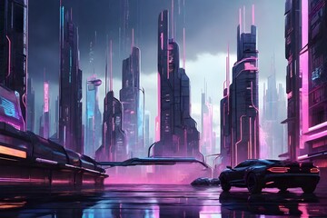 Futuristic Innovation-futuristic cityscape with towering skyscrapers bathed in neon lights.