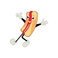 Hot Dog Cartoon mascot character. Food concept. Posters, menus, brochures, web, and icon fast food. illustration fast food. Funny hot dog, wiener, frankfurter character with eyes, legs.