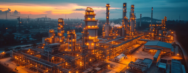 Fototapeta premium Industrial Factory at Sunset: A Symphony of Industry and Nature