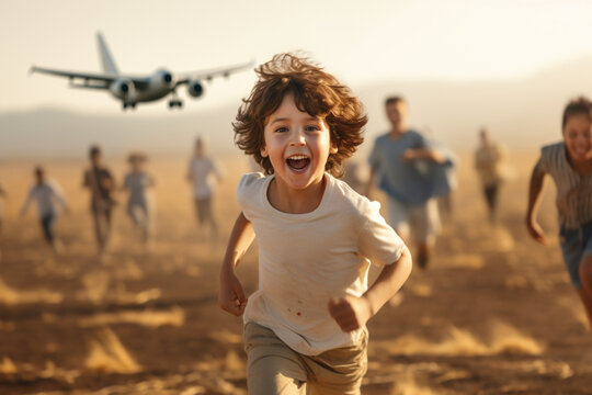 Happy Little Boy Running While Pretending To Be An Airplane While His Family Is Running Behind Him 