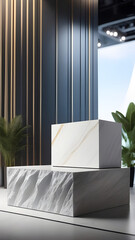 Marble white podium display for product presentation.