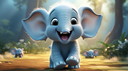 Cartoon 3d , A cute couple little elephant , laughing cutely on a white background , generate AI