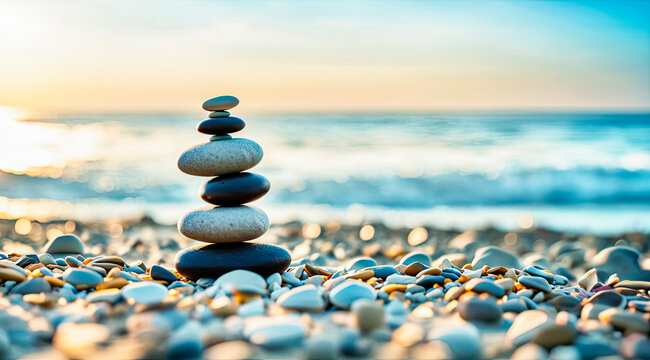 Balanced pebble pyramid silhouette on the beach with the ocean in the background
