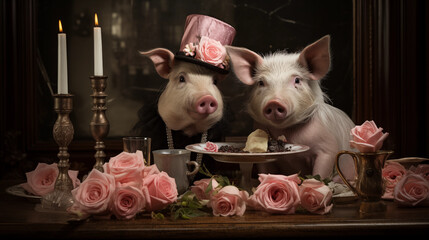 AI generated illustration of two adorable pigs on a romantic date