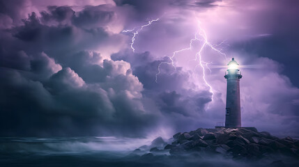 Fury of the storm on the coast: lightning strikes near the lighthouse - obrazy, fototapety, plakaty