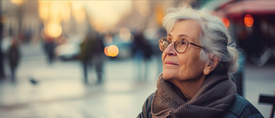 Elderly Woman Contemplating Life's Journey in the Warm Glow of Sunset on a Busy City Street - obrazy, fototapety, plakaty