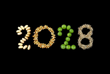 Happy New Year 2028- number made of beans, peas, grains on black wooden background