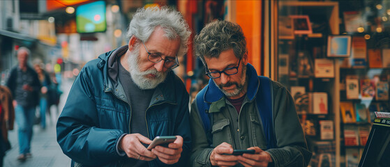 Two Senior Men Engrossed in Technology Amidst the Urban Rush: Bridging the Digital Divide - obrazy, fototapety, plakaty