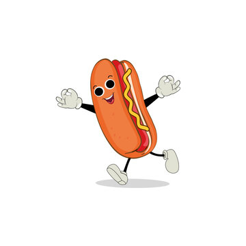 recommend clip art: Hot Dog Cartoon mascot character. Food concept. Posters, menus, brochures, web, and icon fast food. illustration fast food. Funny hot dog, wiener, frankfurter character with eyes, legs.
