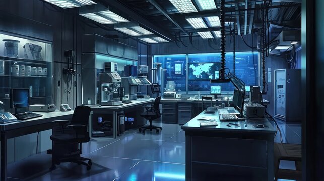 Busy Laboratory Room With Multiple Computers and Desks for Research Generative AI