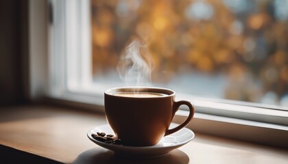 Cup of hot autumn coffee or tea on the window. Living in Hygge style. Hot drink in cold autumn