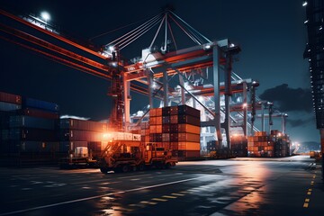 Cargo ship with crane loading container for import or export at terminal port.