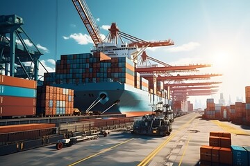 Cargo ship with crane loading container for import or export at terminal port.