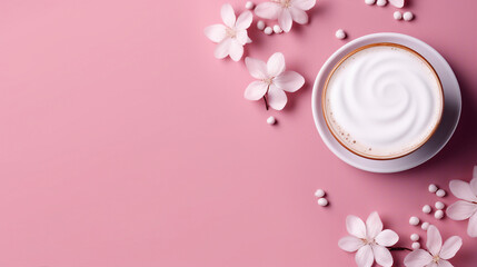 Pink Trending Cappuccino on Isolated Background with White Flower Petals - Stylish Coffee Beverage for Trendy Promotions and Creative Content.