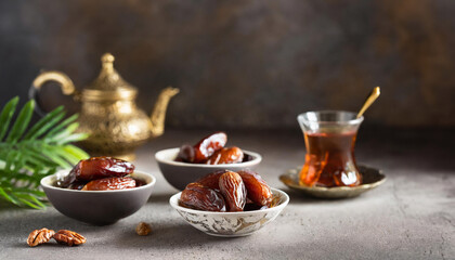 Fototapeta premium An elegant iftar setting with glossy dates in ornate bowls, a golden teapot, and a glass of tea, set against a moody backdrop Ideal for Ramadan themes.