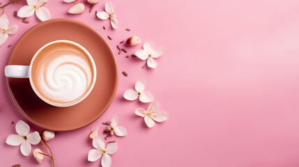 Obraz na płótnie Canvas Pink Trending Cappuccino on Isolated Background with White Flower Petals - Stylish Coffee Beverage for Trendy Promotions and Creative Content.