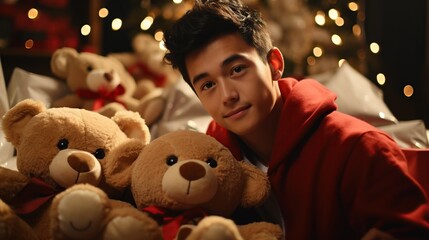 handsome and cute young guy sitting near the Christmas tree and hugging a teddy bear in a santa claus costume