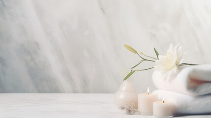 Elegant spa setting with white orchids, lit candles, and ample copy space on a marble background.