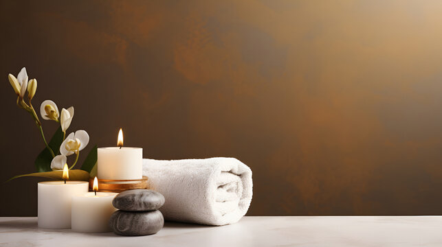 Cozy warm brown spa background for massage salon with orchids, lit candles and towels with large copy space on marble beige background.