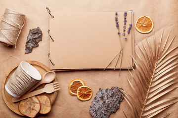Eco-friendly, zero waste lifestyle. Natural craft paper mock up with bark tree, lavender, plastic...