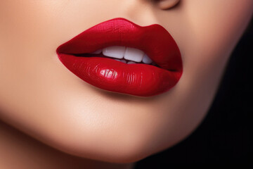 Fototapeta premium Close up view of beautiful woman lips with red lipstick. Cosmetology, drugstore or fashion makeup concept.