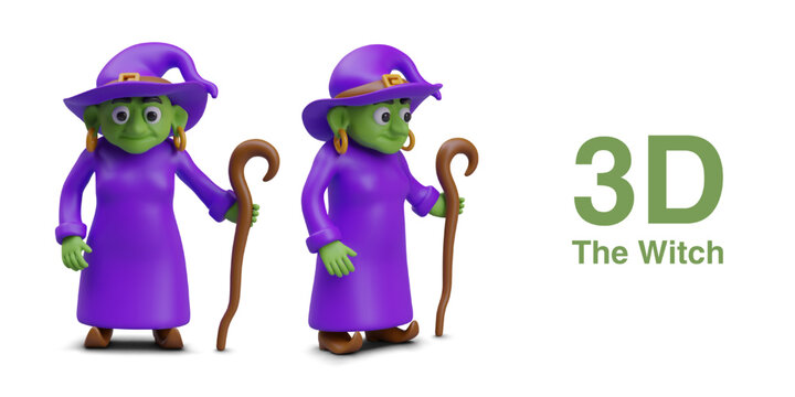 Green witch in purple costume standing and holding cane. Celebration Halloween. Figure of fantastic person on white background in different positions. Vector illustration in 3d style