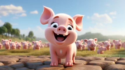 Fotobehang Cartoon 3d , A cute little pink pig , laughing cutely on a white background , Generate AI © VinaAmeliaGRPHIC