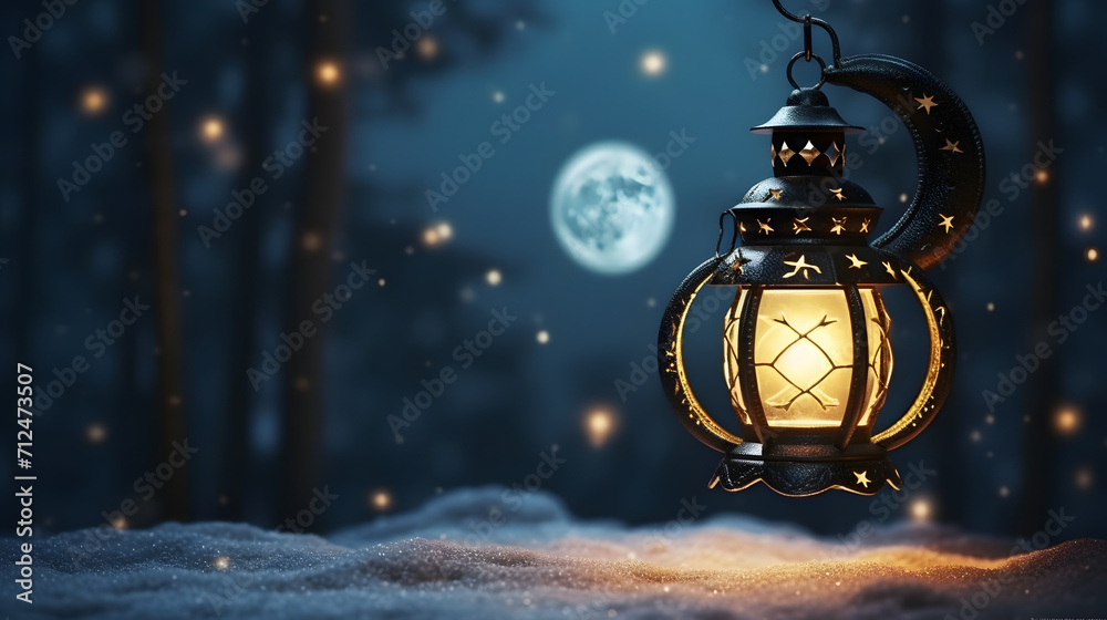 Sticker Glowing Lantern in Moonlit Winter Night