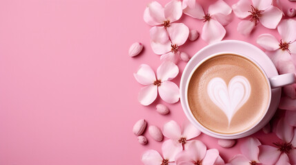 Fototapeta na wymiar Pink Trending Cappuccino on Isolated Background with White Flower Petals - Stylish Coffee Beverage for Trendy Promotions and Creative Content.