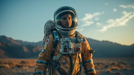 Portrait of a focused astronaut in full gear against a dusky sky, embodying exploration and determination.Generative ai
