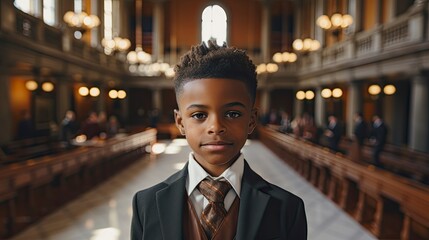 A poised young boy stands formally dressed in a suit and tie within the solemn atmosphere of a courtroom.generative ai
 - obrazy, fototapety, plakaty