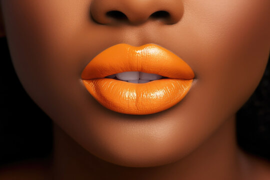 Close up view of beautiful black woman lips with bright orange lipstick. Cosmetology, drugstore or fashion makeup concept.