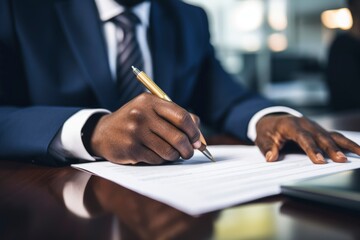 Close-up of a businessman's hand signing a contract with a luxury pen, representing professional commitment and agreement.generative ai
 - obrazy, fototapety, plakaty