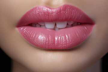 Obraz premium Close up view of beautiful woman lips with pink lipstick. Cosmetology, drugstore or fashion makeup concept.