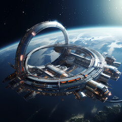 A futuristic space station in orbit around a distant planet