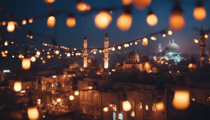Fototapeta na wymiar Describe the beauty of a cityscape adorned with Ramadan decorations, including colorful lights