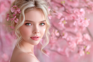 Fototapeta premium beautiful woman with pink flowers portrait, young glamour and luxury female with perfect skin