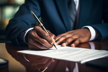 Close-up of a businessman's hand signing a contract with a luxury pen, representing professional commitment and agreement.generative ai
 - obrazy, fototapety, plakaty