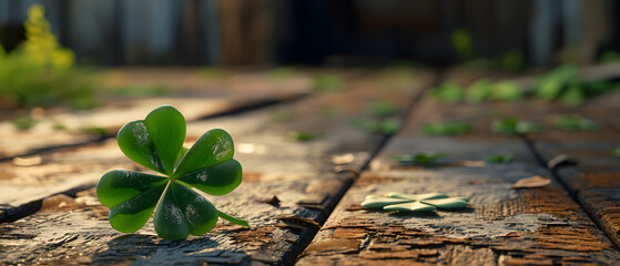 Nature's lucky charm, a vibrant four leaf clover rests upon the rustic wooden surface, embodying hope and growth in the great outdoors - obrazy, fototapety, plakaty