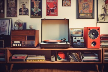 Record Player on Wooden Shelf, Vintage Music Player on Display