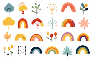 set of rainbows and trees vectors