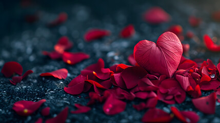 A delicate heart-shaped leaf rests upon a bed of vibrant red and pink rose petals, evoking feelings of love and beauty in the midst of an outdoor garden