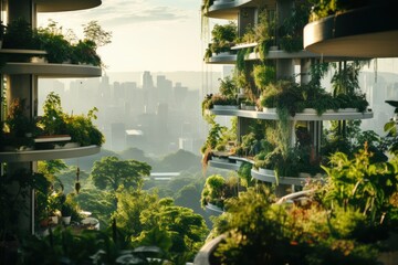Illustration of a utopian future cityscape blending high-tech architecture with abundant green spaces, elevated roads, and eco-friendly urban planning. Generative ai
